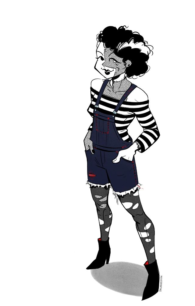 Drawing of Roxanne. She stands with her hands in her pockets, wearing an off-shoulder black and white striped top under dark blue cut-off overalls with little embellishments in red thread. She also wears ripped black pantyhose and black heel boots.