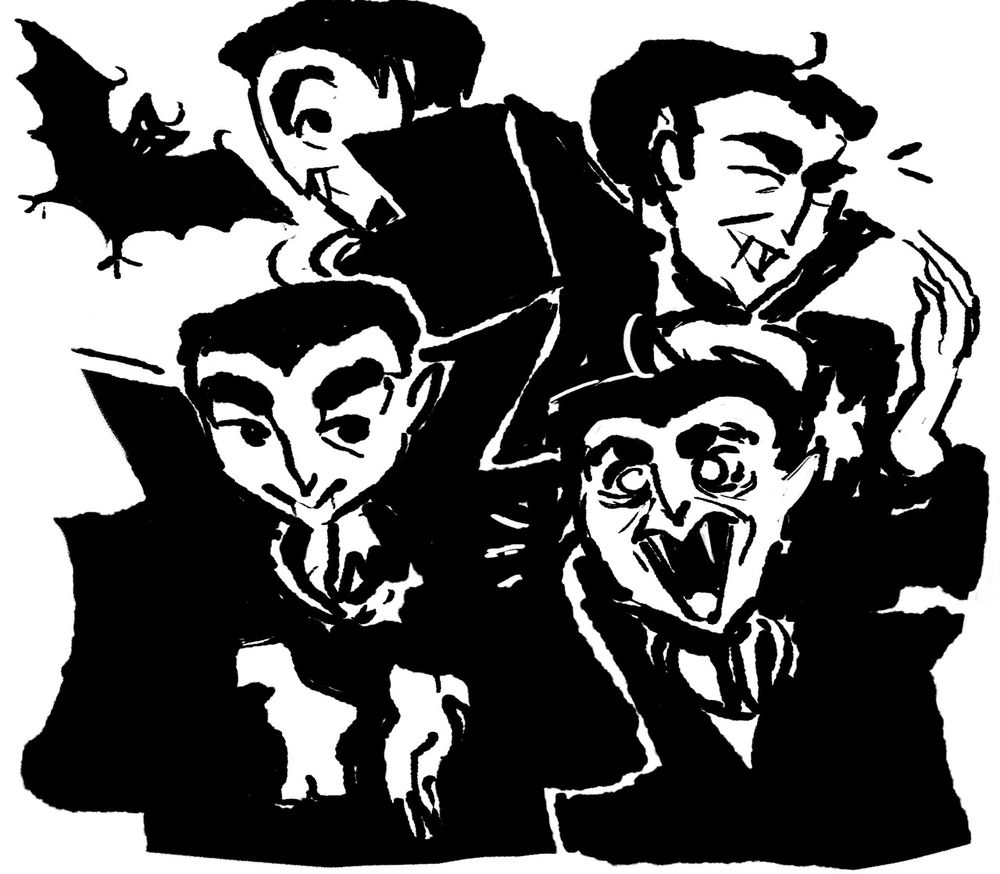 Several messy drawings of Jess the vampire. One of her as a bat, which is a generic cartoon bat with her cowlick. The rest are her at different angles and expressions
