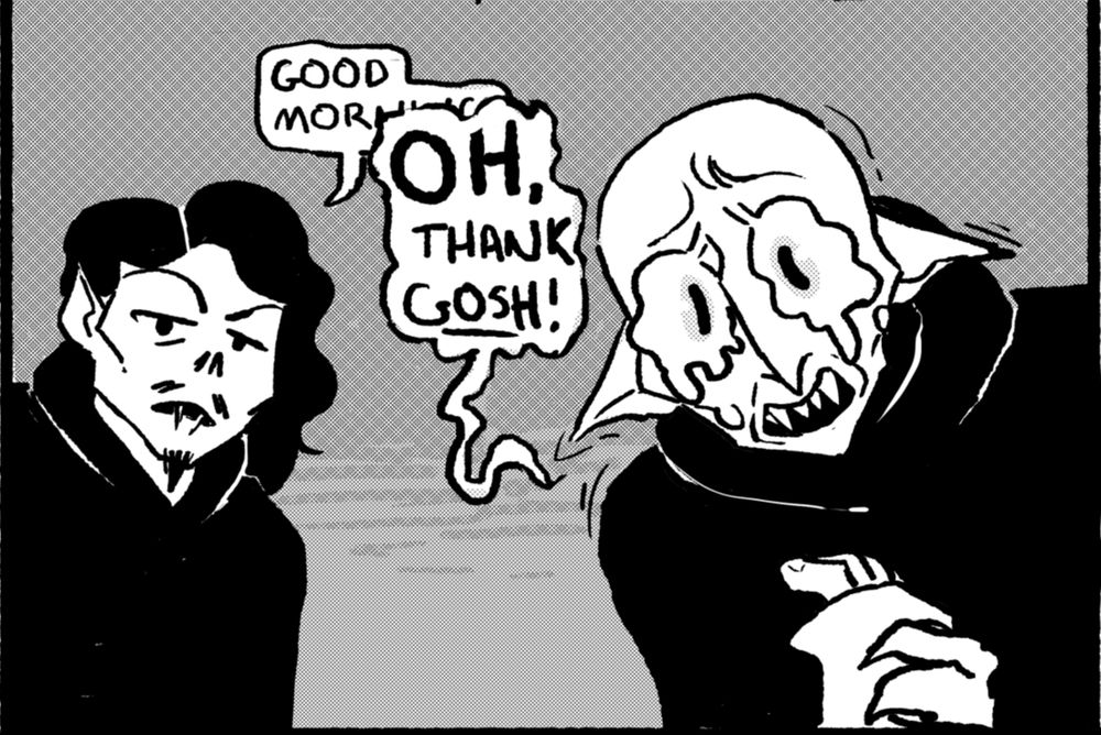 Vincent and Darcy look down at Jess. Darcy is a blubbery, teary-eyed mess while Vincent looks unamused. Vincent starts to say "Good morning" but is interrupted by Darcy who exclaims " Oh, thank gosh!"