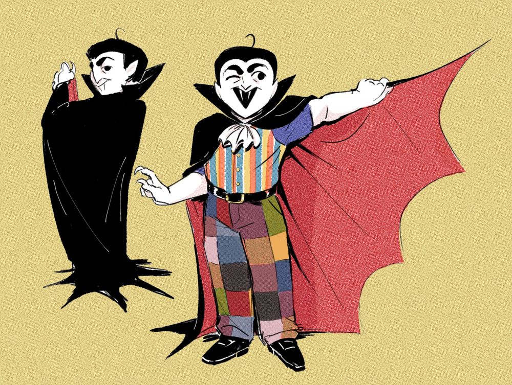 Color drawings of Jess, a short butch vampire with white skin, slicked-back black hair with a cowlick, bushy eyebrows, and needle-like fangs. In the first drawing, she looks coyly over her shoulder, wrapped in a classic black vampire cape. In the second drawing, she tosses the cape aside to reveal that underneath she's wearing a garish striped primary-colored polo shirt and patchwork pants in a rainbow of colors. She looks off to the side with a proud wink.