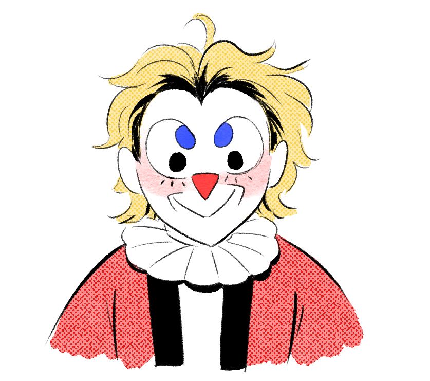 Jess again, this time she's human. Her hair is messy and bleach blonde. She wears clown makeup with blue dot eyebrows, a red triangle nose, blush, and painted on lower lashes. She wears a puffy flower shaped neck ruff and loose red top.