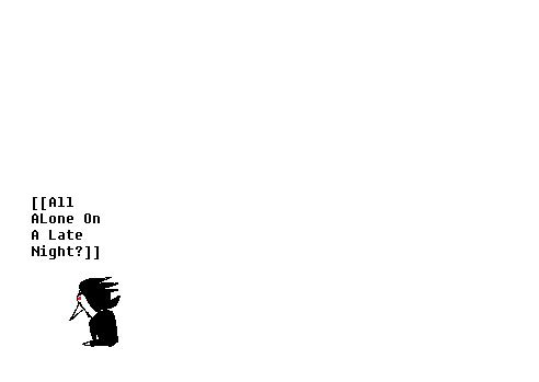 Another drawing of spamton. He's sitting miserably on the floor in the corner of the white void, facing away from the camera. There's text above him that reads "All alone on a late night?"