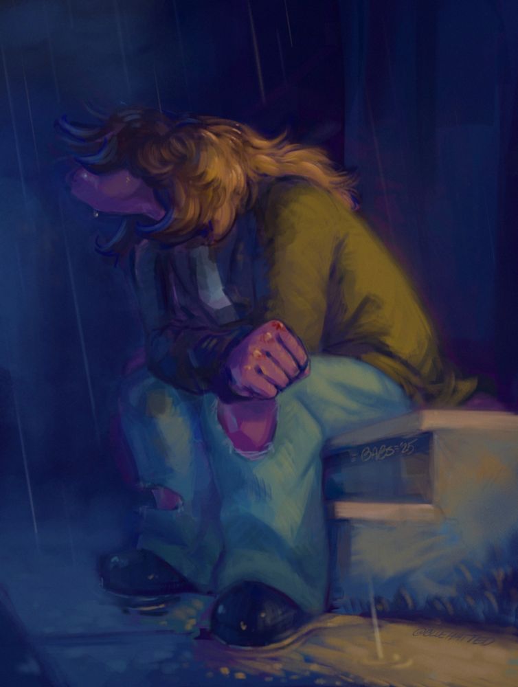 A painting of Susie from Deltarune. She is sitting hunched on some steps in the rain. Her face is turned away from us and her eyes are obscured by her hair. There is a tear on her cheek. Front and center is her hand, balled into a fist with bloodied knuckles.