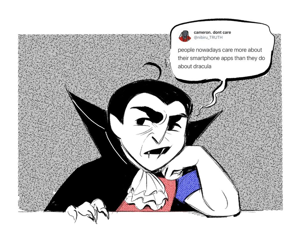 Jess rests her cheek on her hand with a curmudgeonly expression. She has a speech bubble containing a tweet from user nibiru_TRUTH that says "people nowadays care more about smartphone apps than they do about dracula"