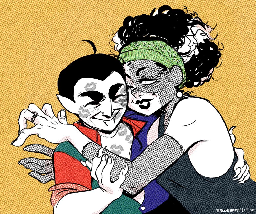 Color drawing of a butch vampire (Jess) and a femme Frankenstein's monster (Roxanne). Jess has black slick-back hair with a cowlick, bushy eyebrows, and long needle-like fangs. She's wearing a colorful partially unbuttoned polo with nothing underneath, and is absolutely covered in kiss marks. Roxanne has stitched patchwork skin and a mass of curly black hair with a bold white streak, held back by a thick green headband. She also sports a wedding ring and a tank top. The two are just starting to pull back from an embrace, Jess is grinning bashfully ear to ear, Roxanne smiles coyly.