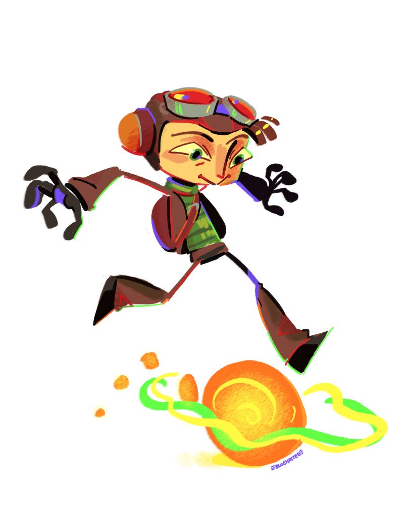 Colorful drawing of Razputin Aquato from the game Psychonauts, wearing his outfit from the first game. He's using his levitation ability to roll on a thought bubble, smiling and looking down at the path ahead of him with his arms out for balance.