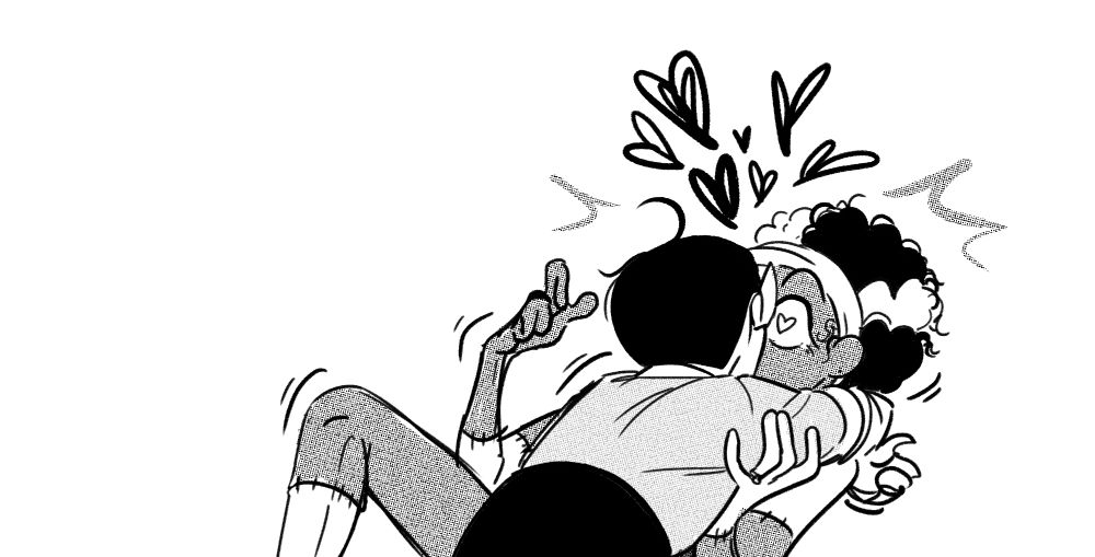 Sequel to the previous image, jess swoops in to give Roxanne a big hug around the neck and a kiss on the lips, toppling her back with an explosion of hearts. Roxanne looks surprised and has literal heart eyes.