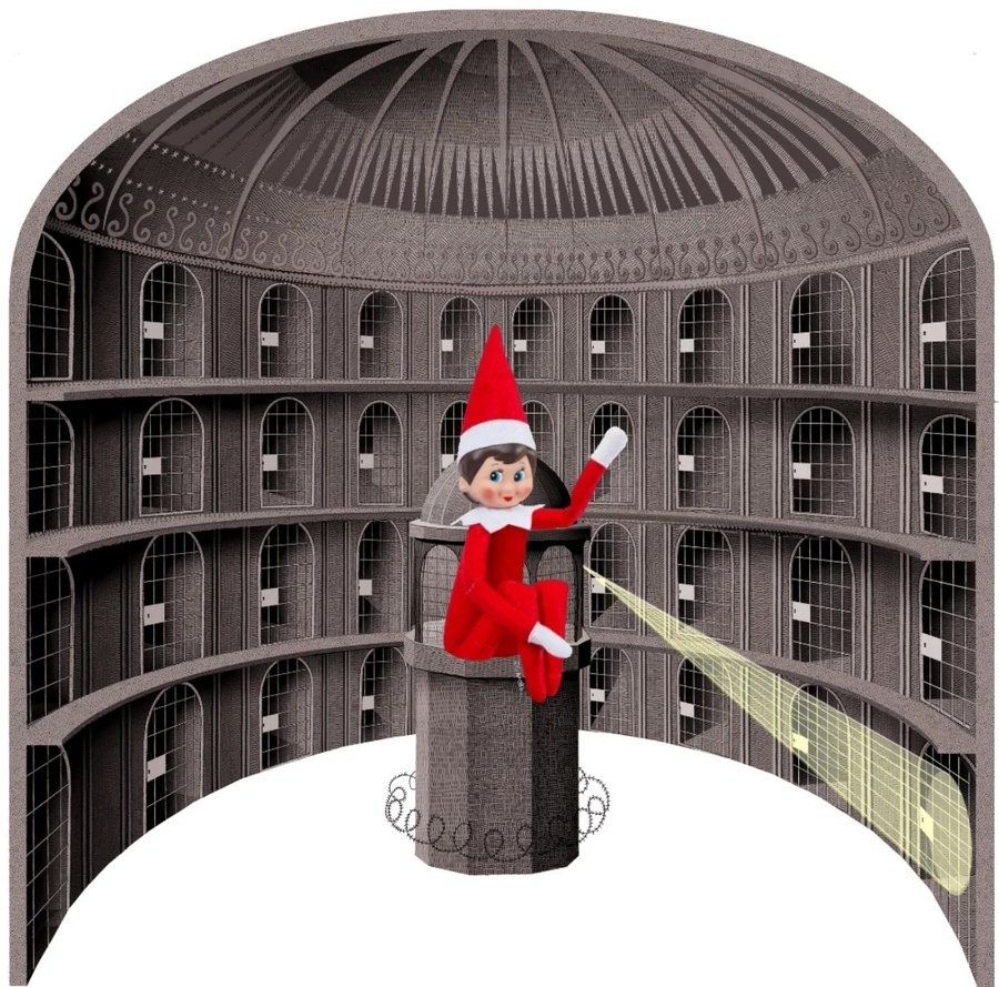 A circular prison with a surveillance tower, a panopticon, but with the elf on a shelf in the center