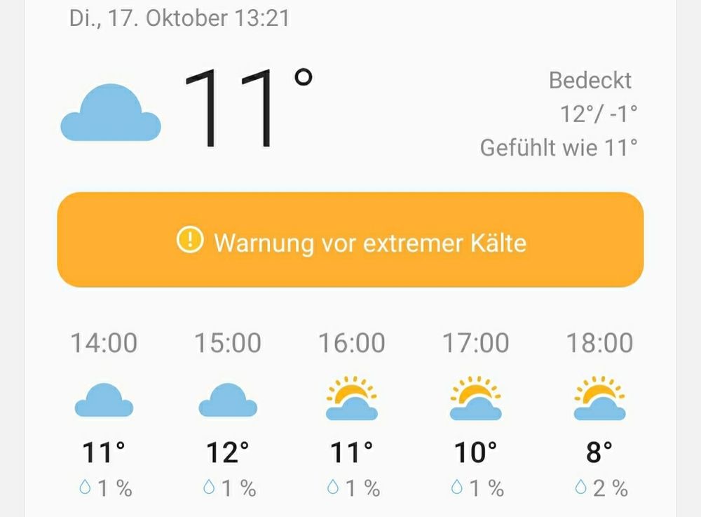 Screenshot meiner Wetter-App. Es werden für heute Temperaturen von 8°C bis 12°C angezeigt und dazu eine Warnung vor extremer Kälte.