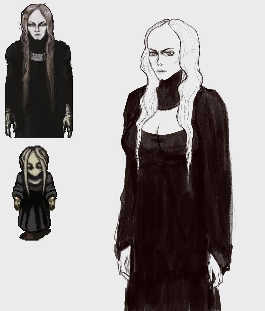 Enki Ankarian from Fear and Hunger. Left art is from the game and the right is a sketch of Enki with big naturals 