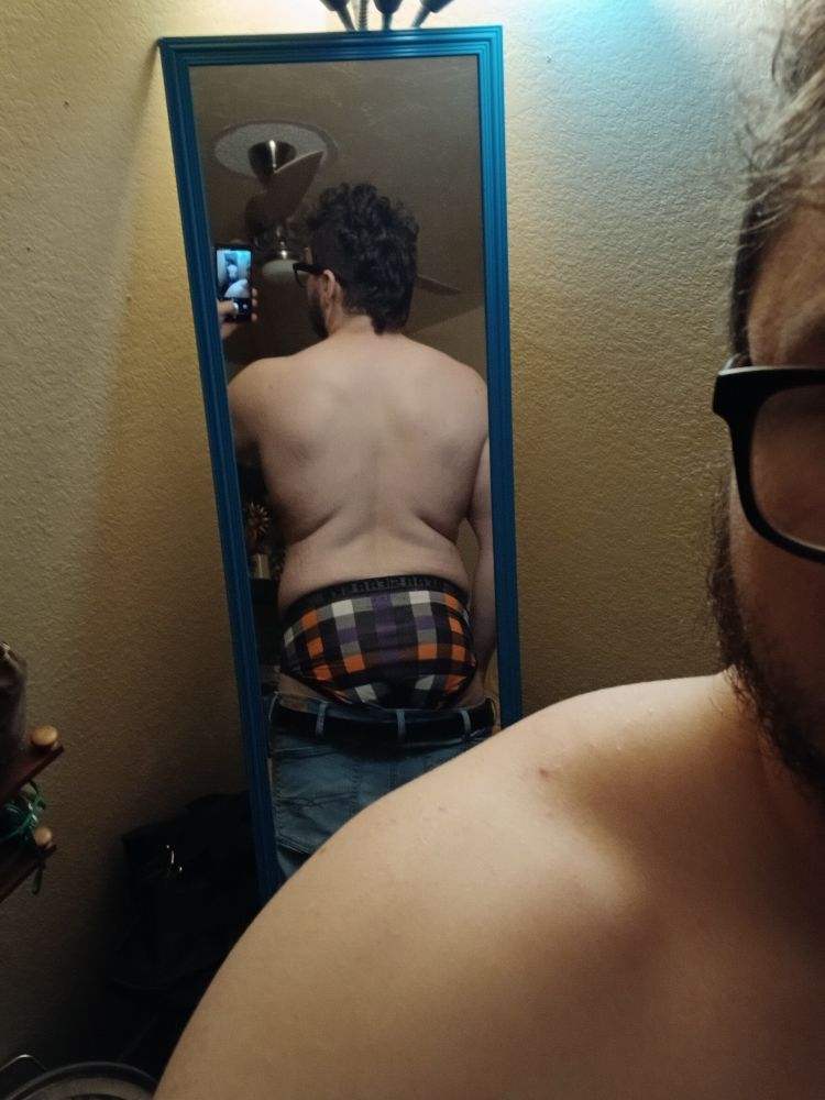 Me standing shirtless with my backside framed in a mirror, shorts lowered, revealing flannel patterned briefs with an orange, purple, black, and white pallete