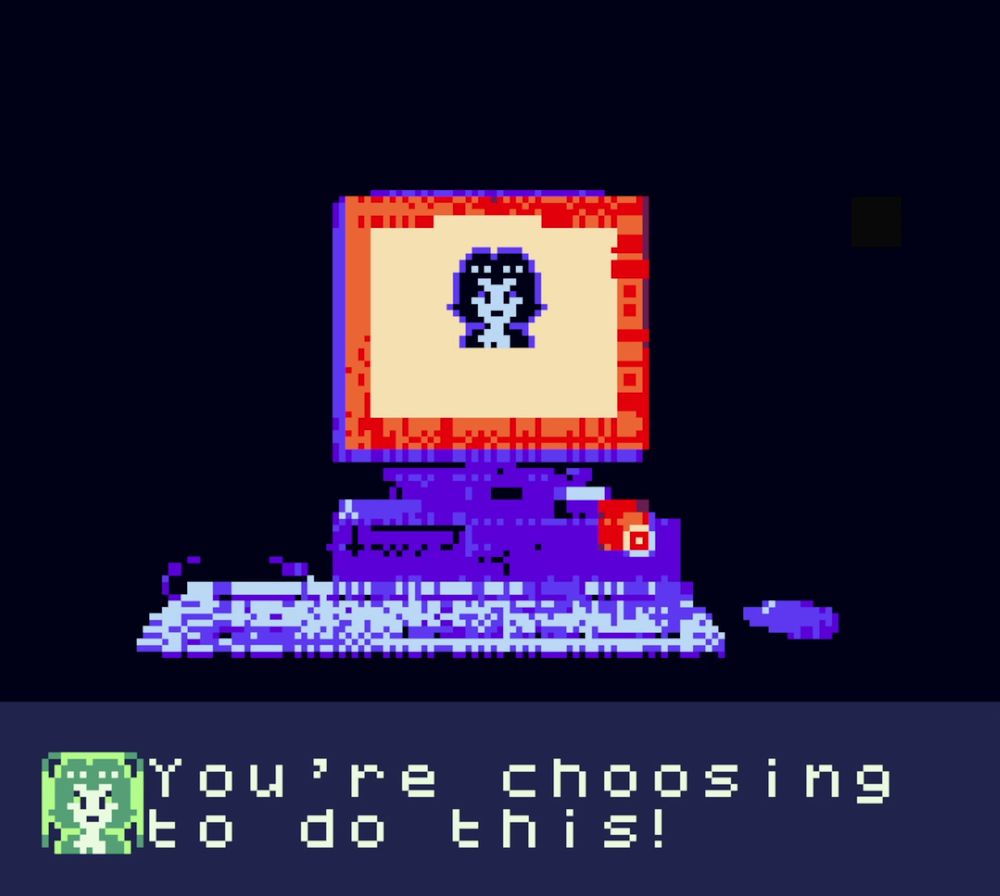 the mother is now in the monitor, saying 'you're choosing to do this!'