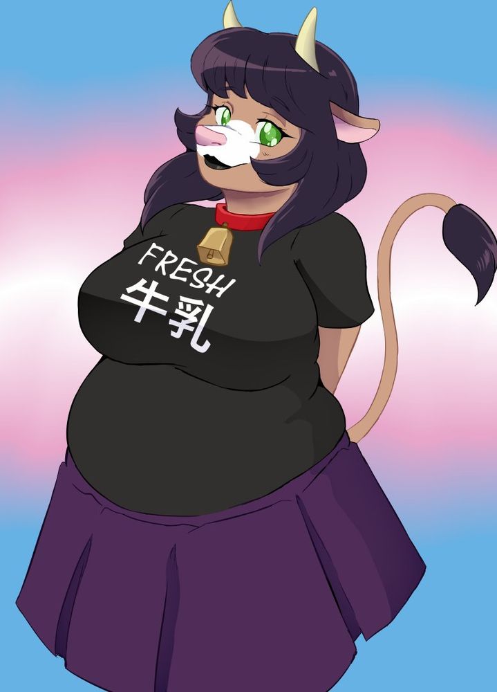 sofia's artwork of 'ariem mcclusky', a cow girl i came up with one day. she's a portly cow lady with long black hair with bangs, a cowbell necklace, a t-shirt that i think reads 'fresh milk' (my japanese is rusty, sofia knew the language much more than i did) and a purple skirt against a trans flag background