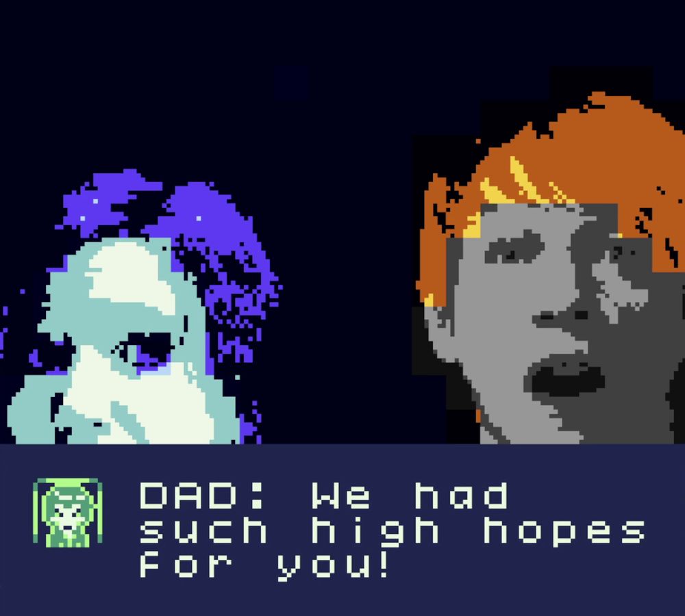 a low-res photo of a blue mother with purple hair and gray man with orange hair. the dad says 'we had such high hopes for you!'
