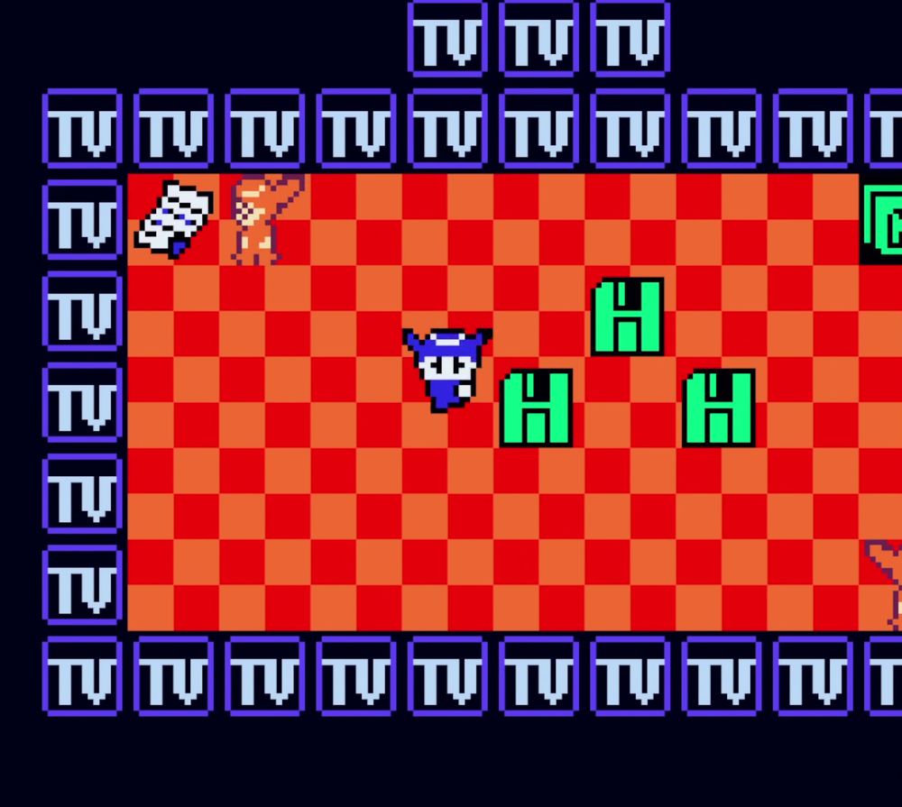 a snapshot of TV-Chan's Great Escape!, the titular character stands next to floating floppy disks on top of a checkerboard map