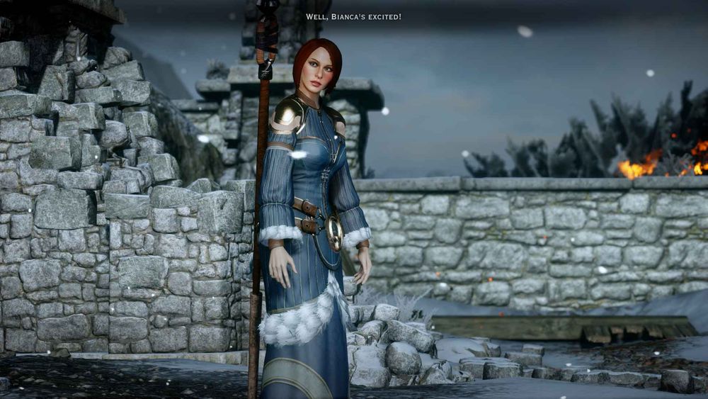 Marie Trevelyan, human mage, standing in front of a crumbled half wall. 