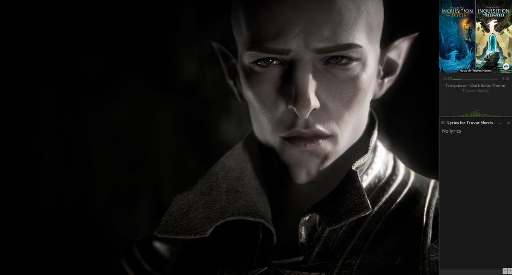 Black and white screenshot of Solas the Dread Wolf from Dragon Age: The Veilguard. On the side is the MusicBee mini player, playing the Dark Solas Theme from the Trespasser OST. 
