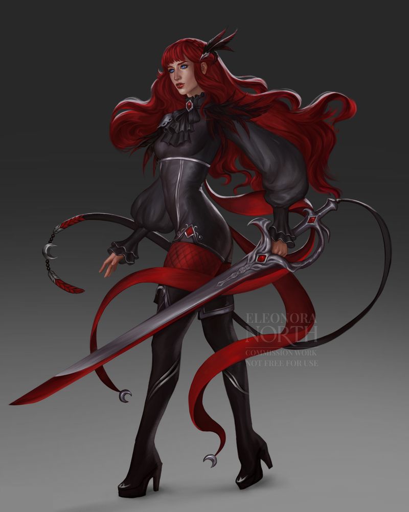 Character art of a woman with long wavy red hair. Her outfit is entirely black and red that matches her hair, with thigh-high leather boots and bishop sleeves. Black feathers with red tips sit on her shoulders like pauldrons. She's holding a long ornate sword with a red rim.