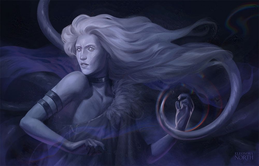 Illustration of an androgynous individual with long white hair billowing around him. In the background and around them, tentacles curl about, one around his left hand as he casts chromatic magic.
