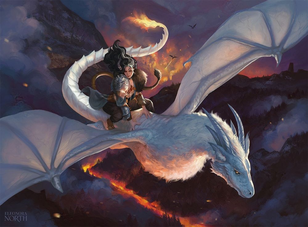 Illustration of a tiefling dragon rider soaring over flaming hills. The white dragon is a hybrid with a flaming tail and fur covering its neck and chest, as well as wolf-like ears.
