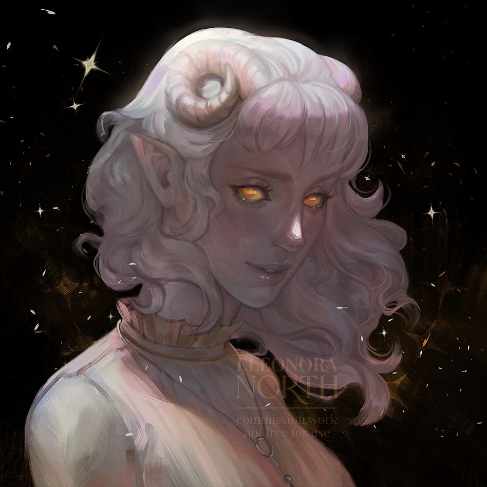 Portrait of a tiefling divination wizard. She has curled horns, bright yellow eyes with yellow sclera, pale white wavy hair and pale white skin. Around her, golden stars sparkle.