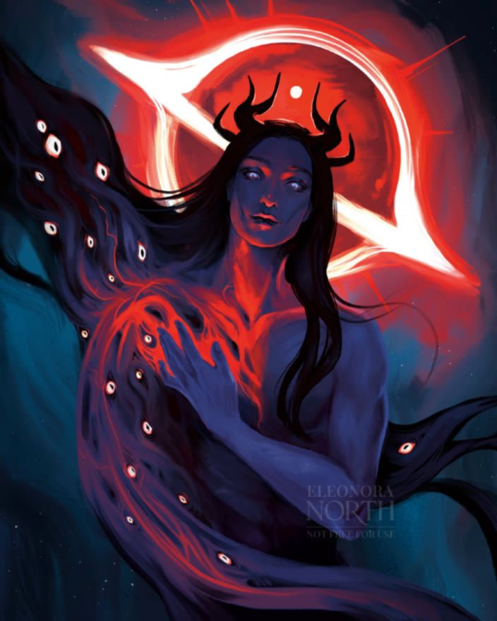 Illustration of a blue tiefling in a cosmic scene. A glowing red black hole is behind him. The right side of his body is shifting and flowing into an undefined shape, dozens of eyes popping out from it.