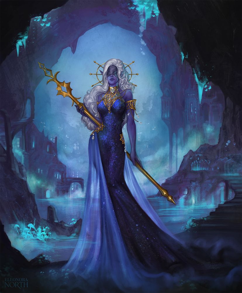 Illustration of a drow woman wearing a mask and a dark sequin gown with gold details and bracers. She holds a large golden staff. Behind her is a subterranean landscape with glowing fungi and buildings carved in rock.
