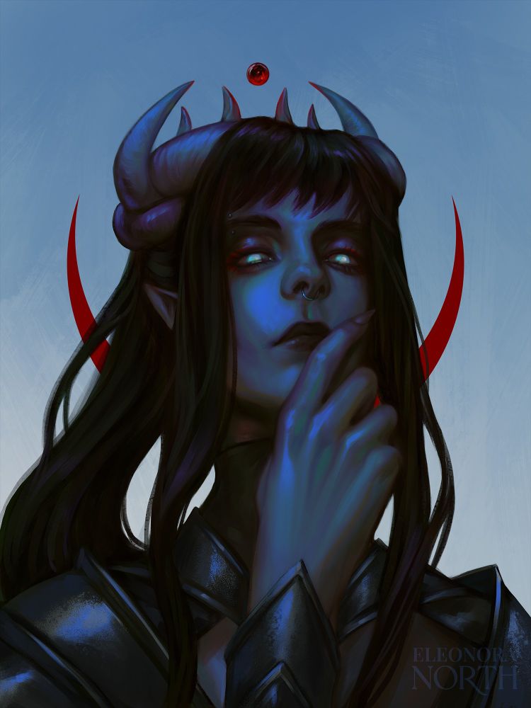 Portrait of Valac, my D&D character - an aberrant mind sorcerer, warlock of the Raven Queen multiclass. He has long black hair tied in a ponytail, bright, pupilless white eyes, and three sets of intertwined horns. His hand is brought up to his chin as he gazes into the viewer.