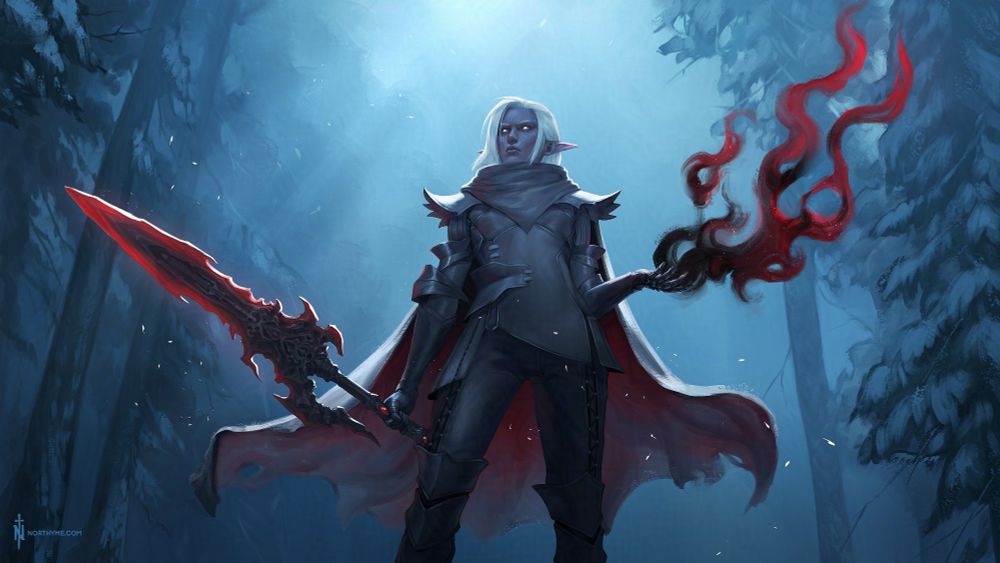 Illustration of an elf in a winter scene, holding a glowing red sword in one hand, and casting dark red magic in the other.