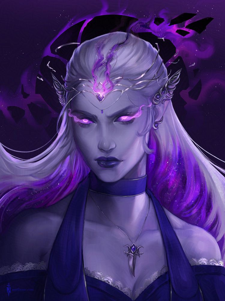 Portrait of an elven woman with fair platinum hair that transforms into a galactic pattern. Her eyes shine purple. A circlet on her head is breaking apart, purple magical glow emanating from a gem encrusted in it.