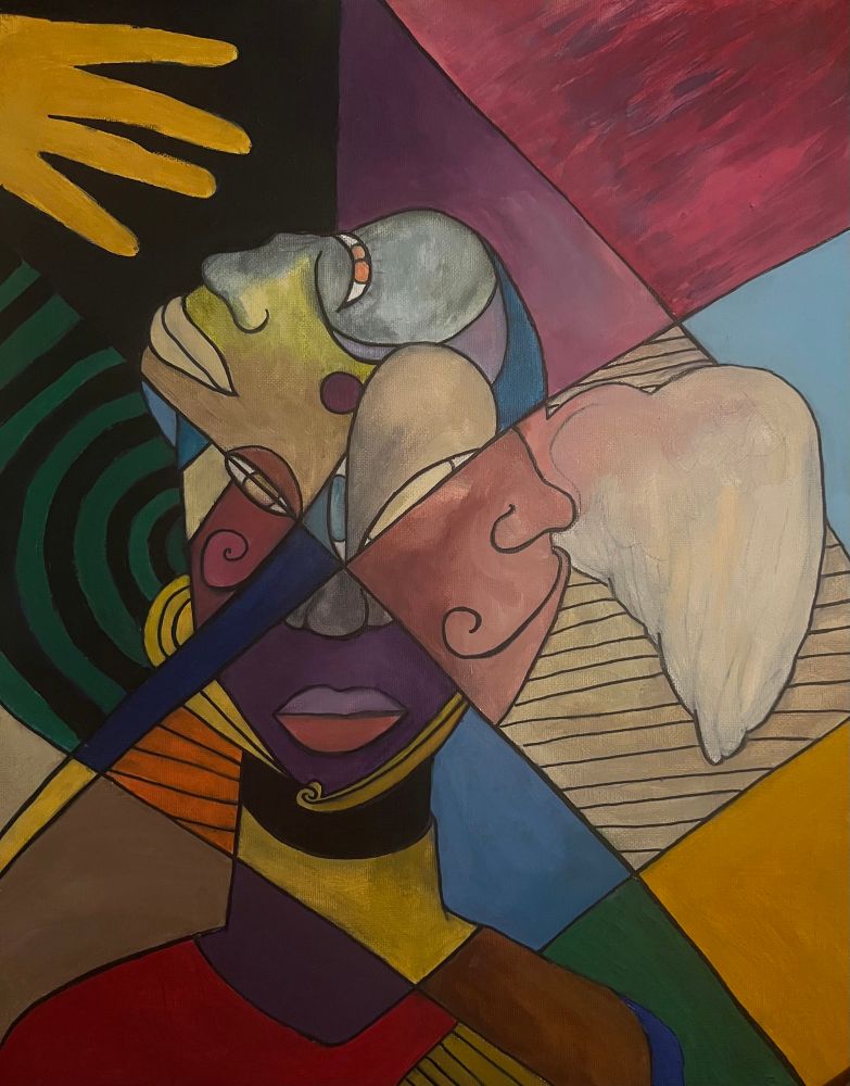colorful acrylic painting of a flat portrait of a figure, lines crisscross behind them but some intersect the face, with tin those intersections are unique eyes, noses, faces, with a single angel wing on the right side, brighter, and on the darker left side, about ringed black and green lines, is a golden hand reaching from a black abyss. bright primary colors interspersed with duller earth tones.