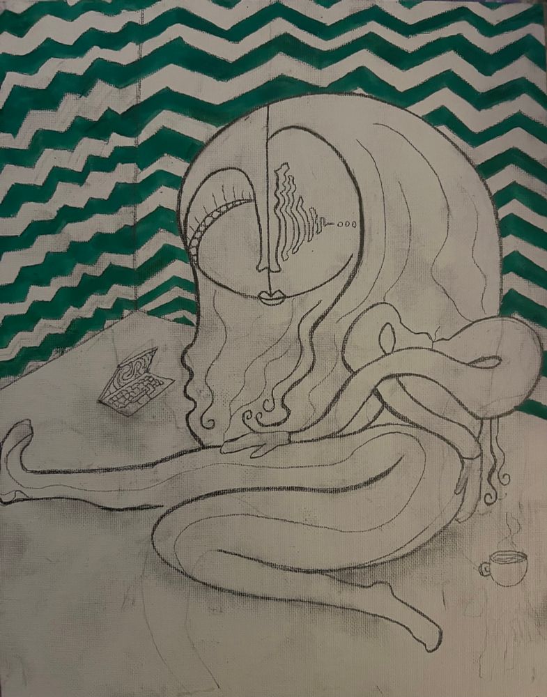 stylized woman sitting in corner of room with tea and a laptop and zig zag background with every other line green