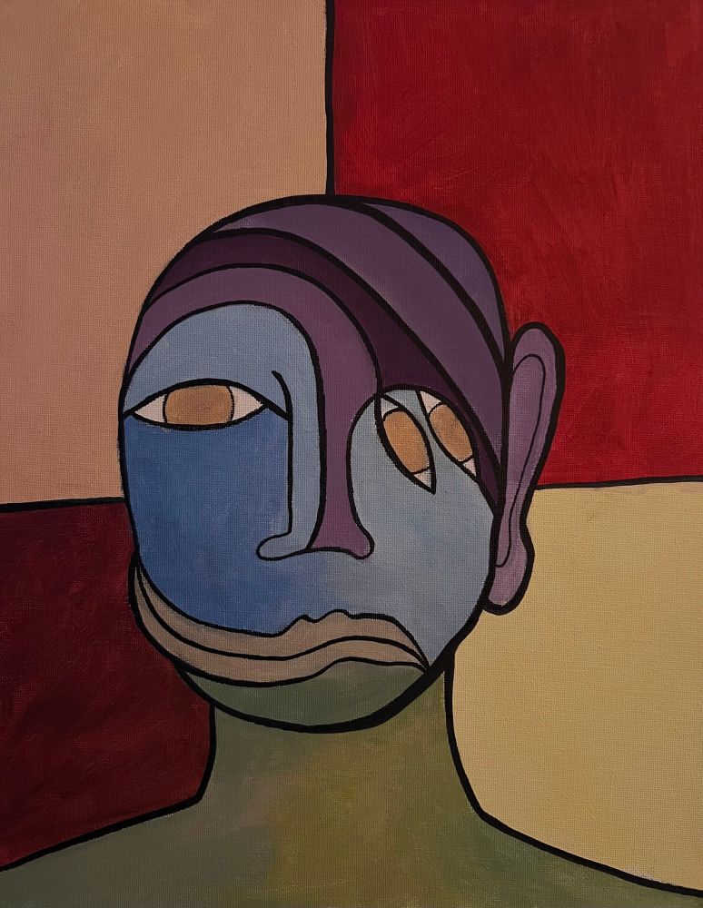 acrylic painting of a figure in green, blue, and purple, against a background split into quadrants, one apricot, one red, one maroon, one yellowish white