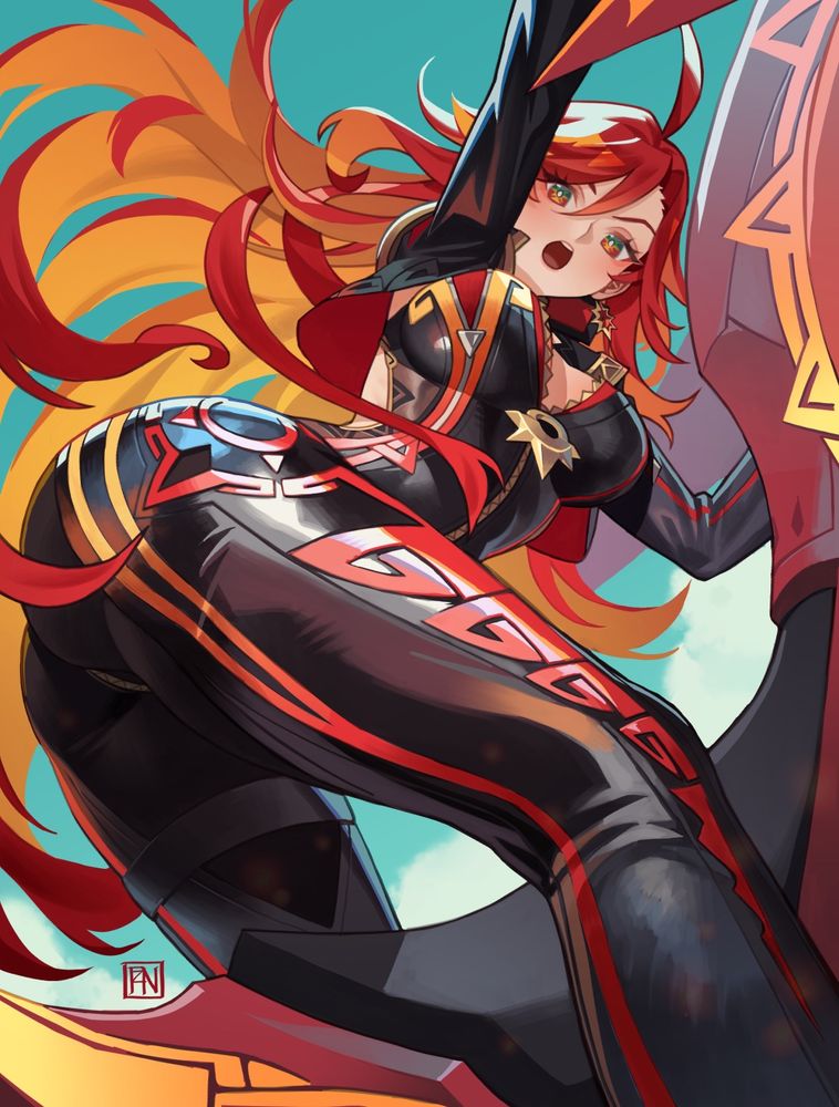 Fan artwork of Mavuika from Genshin Impact; she is riding her motorcycle with her hair flowing behind her
