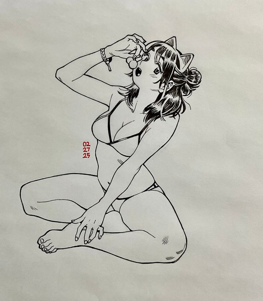 traditional drawing of a anime girl in a bikini eating a fruit with her head lifted, image referenced from Tsukiashi Amane