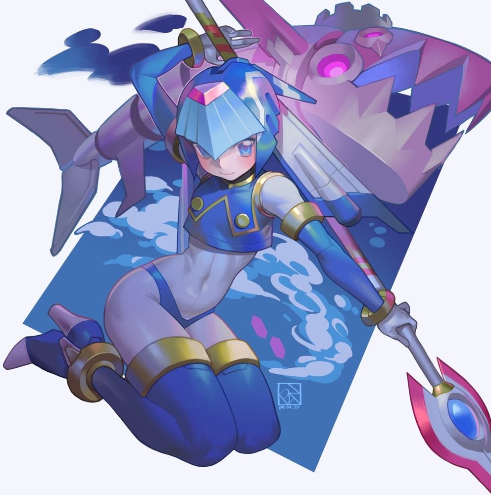 2D digital illustration of Fairy Leviathan from Megaman Zero series. She is holding her spear with a sharkseal behind her