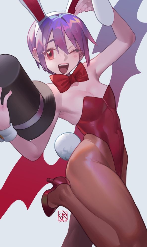 2d illustration of the character Lilith from "Darkstalkers" in a playboy bunny suit, holding top hat on her right arm