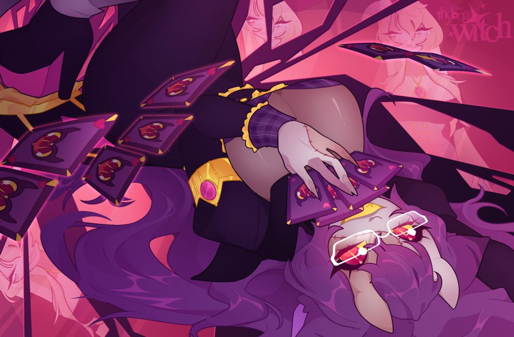 A drawing of a demon lady laying on her back, she holds game cards and is surrounded by broken shards of red glass