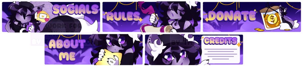 an array of twitch panels, they have socials, rules, donate, about me and credits panels, all depicted with a chibi purple cat