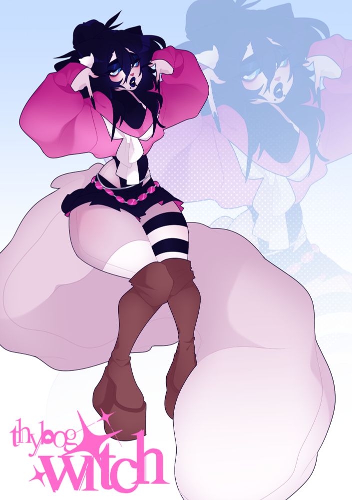 A grey catgirl with black hair and pink sweater, she has a big and floof tails and is sitting holding both her hands up doing in T T (crying) signs