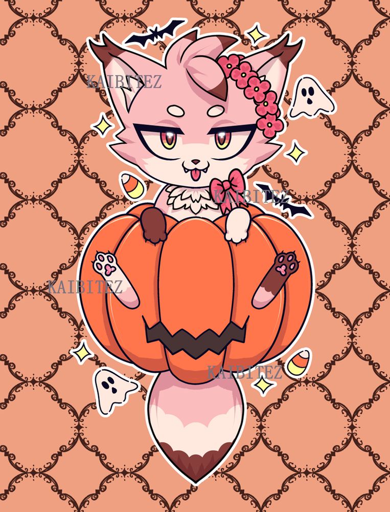 Napbitez in a jacko lantern with his paws and peets sticking out , as well as his tail.
He’s surrounded by ghosts , sparkles , bats , and candy corn.