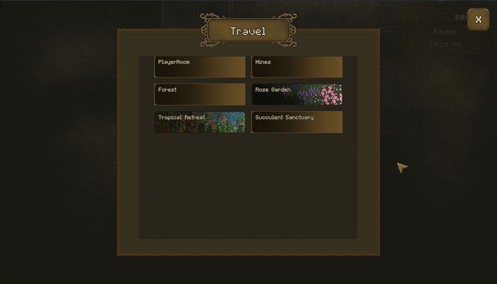 A travel menu with a tarnished brass interface. Locations: Player Room, Mines, Forest, Rose Garden, Tropical Retreat, Succulent Sanctuary.