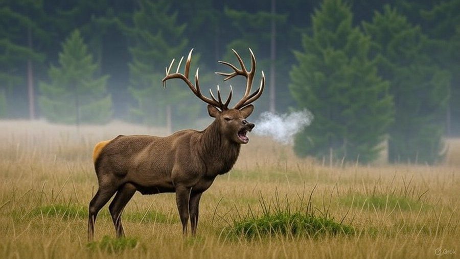 Potężny jeleń o majestatycznym porożu stoi na tle mglistych świerków, wśród złocistej trawy. Z otwartego pyska unosi się para – jakby oddech lasu w chłodnym poranku. W jego głosie drży echo rykowiska, pieśń siły i dumy, która rozbrzmiewa nad cichą doliną.