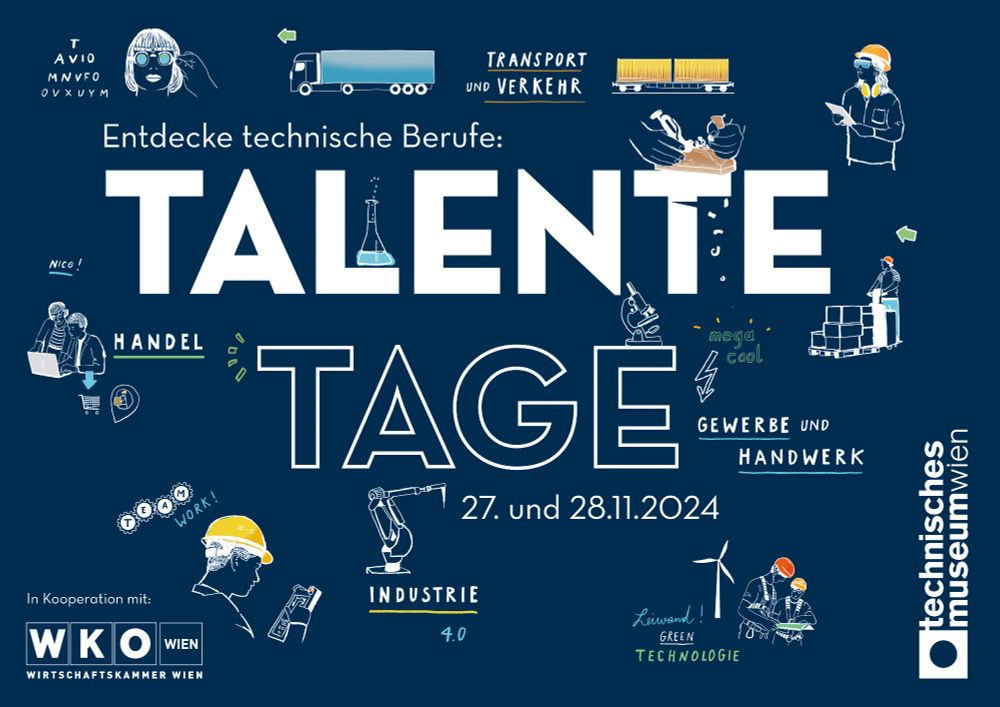 Sujet der Talentetage 2024 auf blauem Hintergrund mit kleinen Icons, die für technische Berufe stehen.
