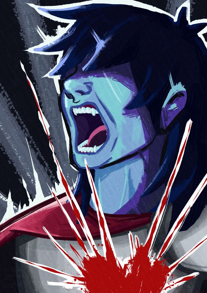 A portrait of Kris from Deltarune, captured screaming as their soul is shining sharply, hair covering their eyes. Painted in the Disco Elysium art style