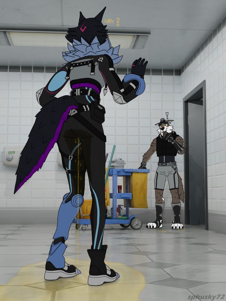 A mostly flat-colored sketch of an anthro version of Pack Leader Highwire (left) and Wendell the wolf (right), both characters are from Fortnite. The background is a 3D render of a bathroom with the camera pointed towards the entrance and a couple of hand dryers.

This scene depicts Highwire wetting her pants and leaving a huge golden puddle on the ground while Wendell enters the bathroom with a cart full of cleaning supplies. Both of them appeared shocked to see each other for the first time. Wendell also appears to be blushing.

-----
Other tags: omorashi desperation pee peeing wetting watersports full bladder female male anthro wolf story Fortnite Highwire Pack Leader Wendell FurAffinity nsfw