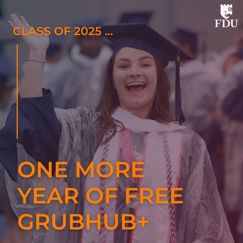 a graduating student smiles and waves at the camera. graphic reads "class of 2025 ... one more year of free grubhub plus."