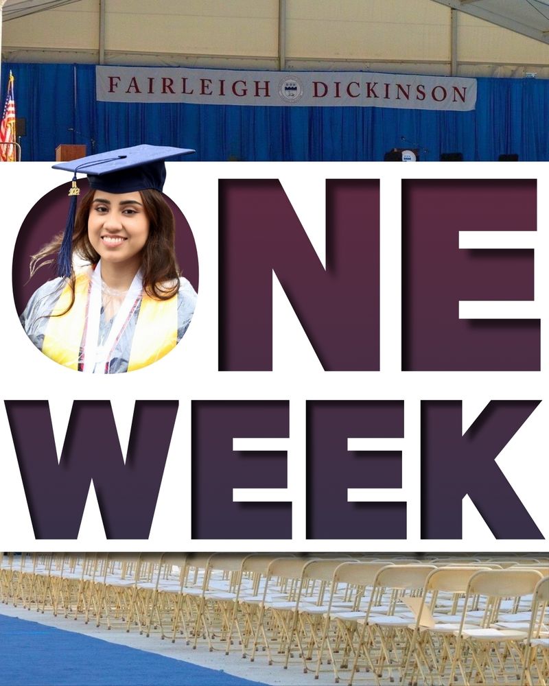 graphic reads "one week." graphic depicts a graduating student peeking out of the letter O. background is the FDU commencement stage and chairs.