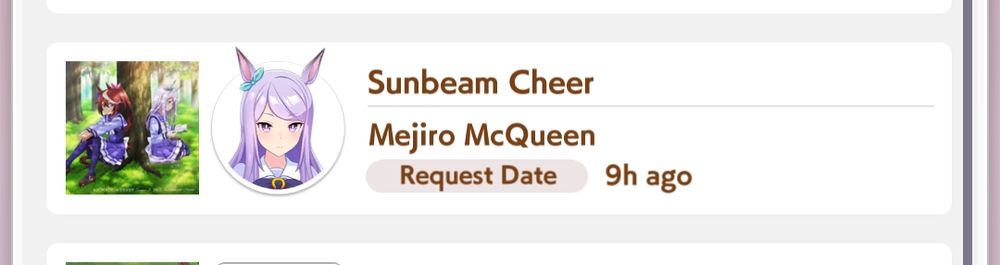 Screenshot of Umamusume jukebox interface. Mejiro McQueen has requested "Sunbeam Cheer", which features her and Tokai Teio sharing a moment under a sunlit tree. clearly they are rivals and not lovers