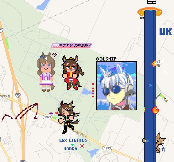 wplace screenshot showing Gold Ship, El Condor Pasa, Vodka, and an uma I somehow don't immediately recognize over the location of the Kentucky Horse Park